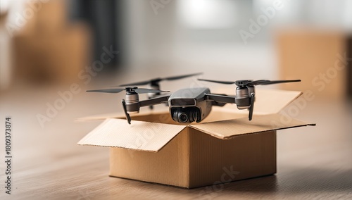 Drone in Cardboard Box Ready for Delivery.