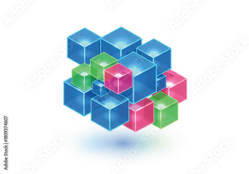 A complex illustration featuring a cluster of interconnected, glowing, colorful cubes arranged in a dynamic composition.