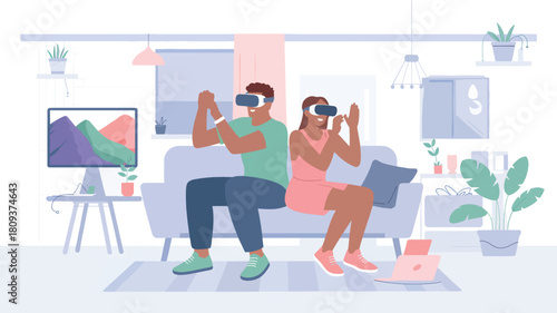 Couple wearing V R headsets playing video games in living room