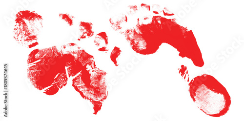 “Red handprint and footprint world map artwork. Abstract global map created with textured red paint handprints, ink splatter edges, rough brush texture, creative humanitarian concept