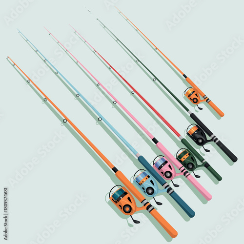 Collection of colorful fishing rods and reels arranged diagonally