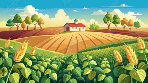 Very beautiful illustration of soybeans growing across a wide North Dakota field, surrounded by golden hay rows and soft wheat patches, capturing a clean rural countryside scene with gentle natural 
