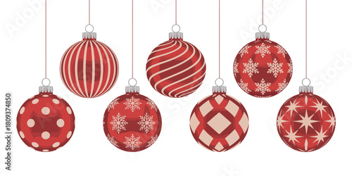 Collection of seven red and white striped and patterned christmas ornaments