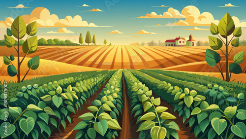 Very beautiful illustration of soybeans growing across a wide North Dakota field, surrounded by golden hay rows and soft wheat patches, capturing a clean rural countryside scene with gentle natural 