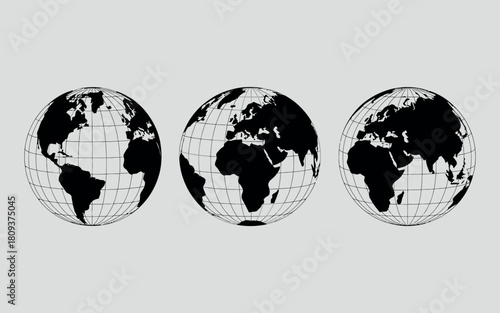 Three stylized globes showing different continents and perspectives