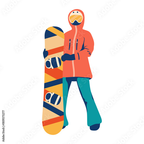 Female figure of a snowboarder on a white background. Flat colorful retro design of an athlete in a winter suit wearing ski Glasses, holding a snowboard. Vector