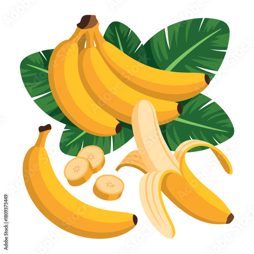 Fresh ripe bananas and green banana leaves isolated on white background