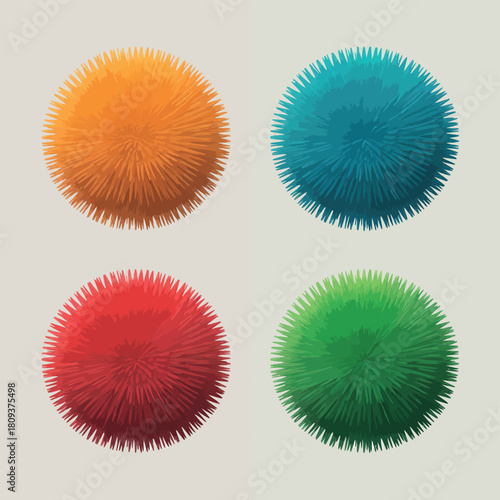 Four fluffy pom poms in vibrant colors arranged in a grid