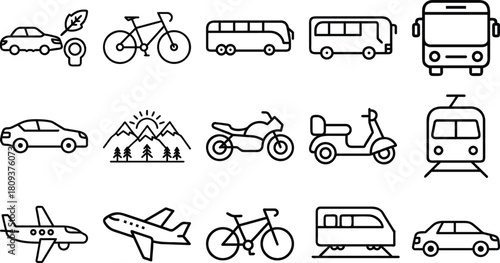 Collection of hand drawn transportation icons for eco friendly travel and urban mobility
