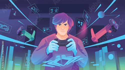 Young man playing video game with futuristic interface