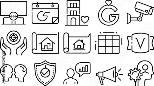 Collection of business and technology icons in a clean line art style