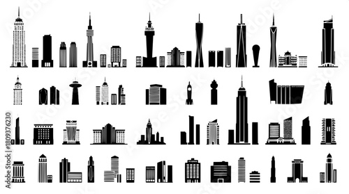 A monochrome icon set of various stylized skyscrapers and urban structures arranged in a precise and clean grid pattern, featuring solid black silhouettes with intricate white detailing and accents, r