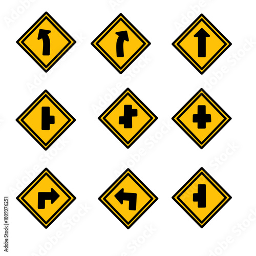 Road signs. Collection of warning, mandatory, prohibition, and informational traffic signs. Collection of traffic signs. Vector illustrations.