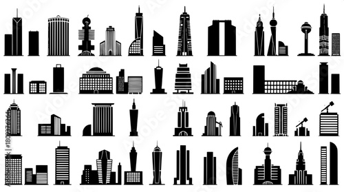 A monochrome icon set of various stylized skyscrapers and urban structures arranged in a precise and clean grid pattern, featuring solid black silhouettes with intricate white detailing and accents, r
