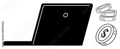 Laptop with stack of coins and dollar-themed coin, symbolizing online business, e-commerce, remote work, financial management, digital payments, income, and economic growth. Ideal for simple flat