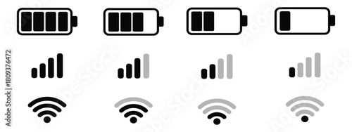 set wifi icon isolated on white background for phone. Phone bar status Icons, battery Icon, wifi signal strength