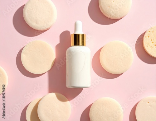 Serum bottle, pads; light pink backdrop, shadows