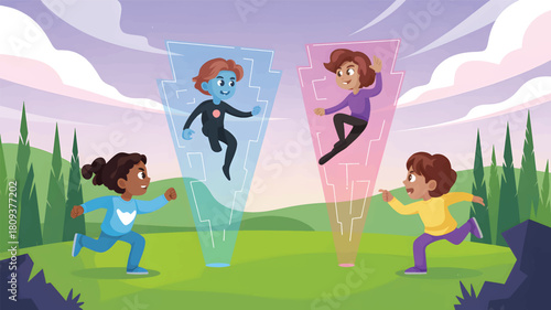 Children playing virtual reality games in a park kids