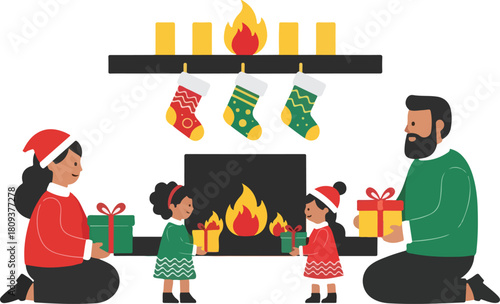 Illustration of a family sitting around a fireplace with Christmas stockings and gifts on a white background with warm tones.