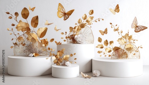 Gold foliage & butterflies arranged on white pedestals, delicate and elegant