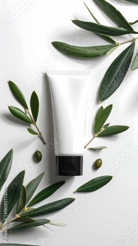 Tube and olive branch frame, flat lay, white background