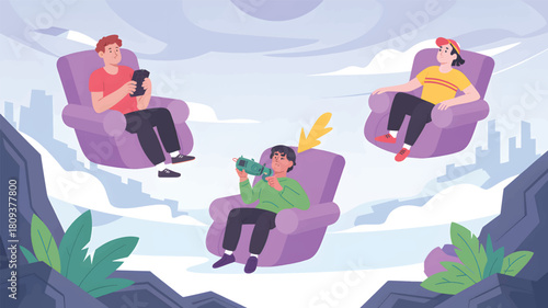 Three boys in chairs playing video games in a surreal sky