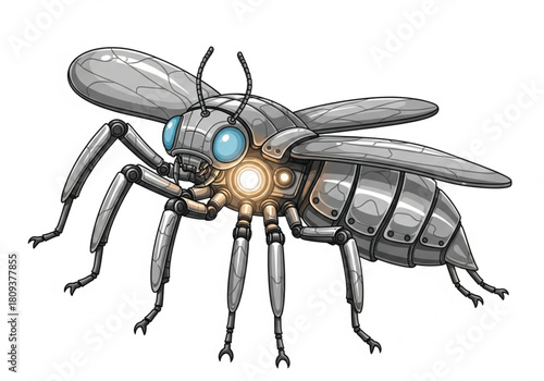 Detailed illustration of a robotic fly with glowing blue eyes and a metallic body on a white background.