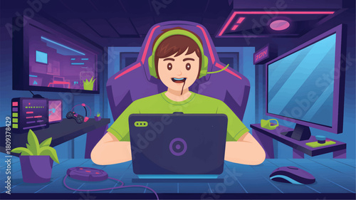 Teenager wearing headphones playing video games on laptop in neon room