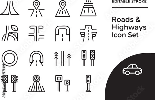 Collection of travel icons representing vacation destinations and transportation