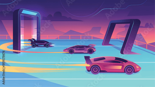 Futuristic racing cars on a neon track at sunset vector