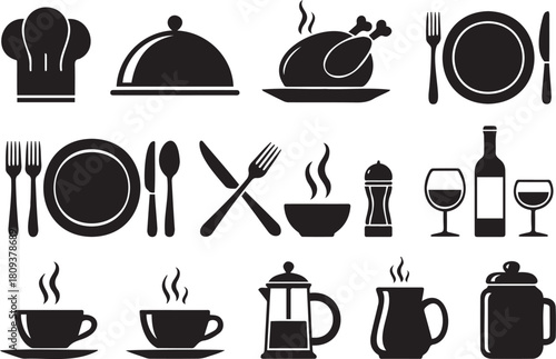 Black and white vector illustration of various food and drink related icons