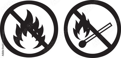 No open flame and no matches symbols in black and white safety illustration