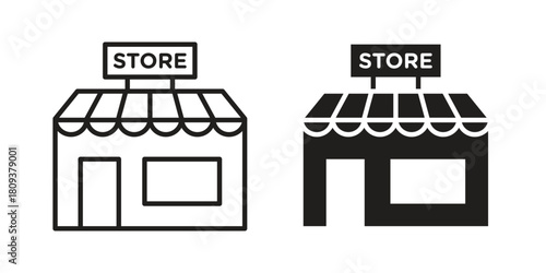 Store icon symbol in filled and line style. Vector icon collection