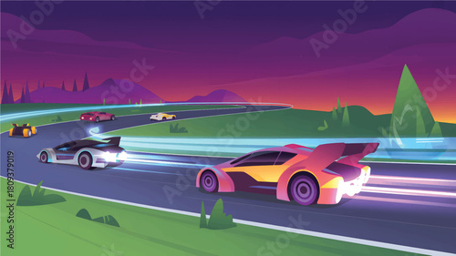 Futuristic race cars on track at sunset with purple sky