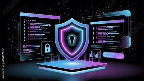 Digital concept illustration of a DJ mixer and headphones with electronic light on a screen display for internet music communication