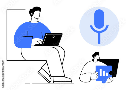 Two individuals working on laptops, engaging with data and a large microphone icon. Ideal for teamwork, communication, technology, data analysis, remote work, software integration, voice technology