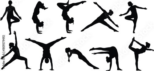 Collection of dynamic yoga and fitness silhouette poses, showcasing balance, flexibility, stretching, and strength exercises in elegant vector illustration for health, wellness, and training designs