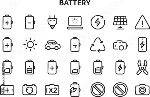 Collection of battery and energy related icons in a simple outline style