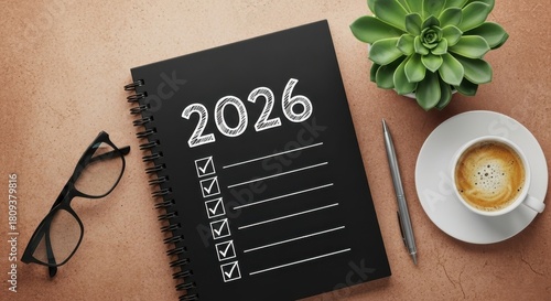 2026 new year checklist on notebook, planning goals and resolutions with coffee