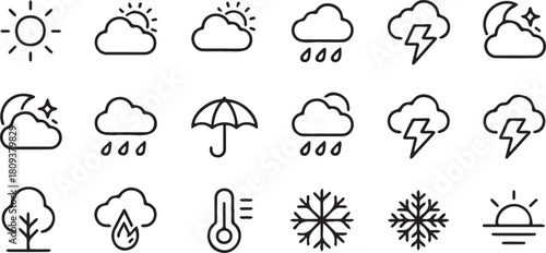 Weather forecast icons showing sun clouds rain lightning and temperature changes