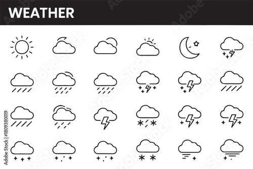 Weather forecast icons showing sun cloud rain snow lightning and moon phases