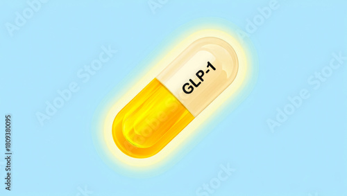 Glowing GLP-1 capsule on a blue background indicating medical advancement and pharmaceutical innovation in diabetes treatment and healthcare applications. innovative medicine