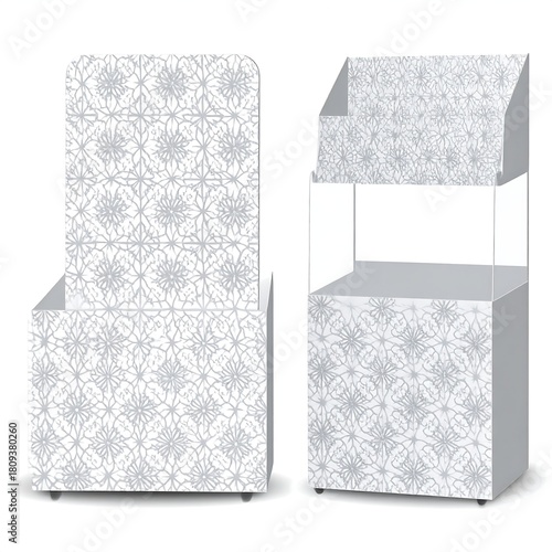 Two White Patterned Display Stands for Retail Products.