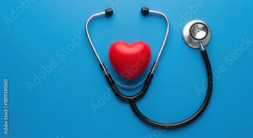 Red heart and stethoscope on blue background symbolize cardiovascular health