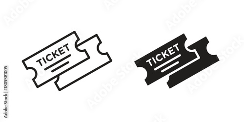 Ticket stub icon symbol in filled and line style. Vector icon collection