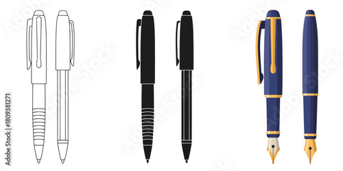 Pen In Three styles vector set line art, silhouette and color version for writing instruments and office supplies
