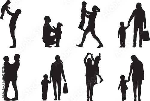 Silhouettes of families spending time together in various activities and poses