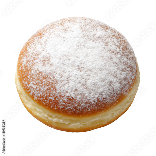 Doughnut with powdered sugar on top against a transparent background