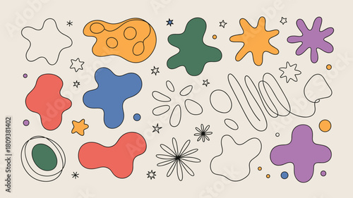 Colorful organic shapes and stars illustration perfect for artistic backgrounds and creative designs work art