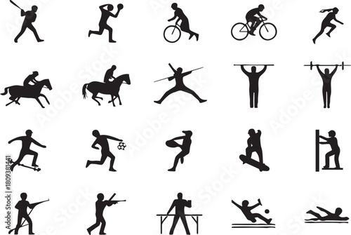 Collection of black silhouette icons representing various sports and activities